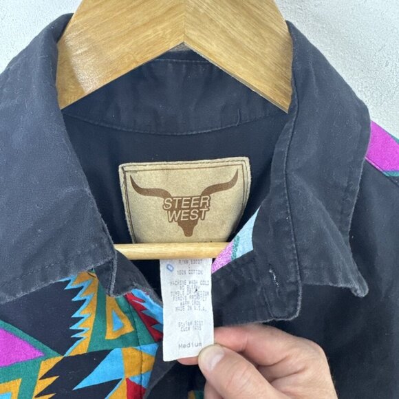 VTG Steer West USA Shirt M Black Aztec Southwestern Cowboy Rodeo Cotton 90s - Picture 4 of 7
